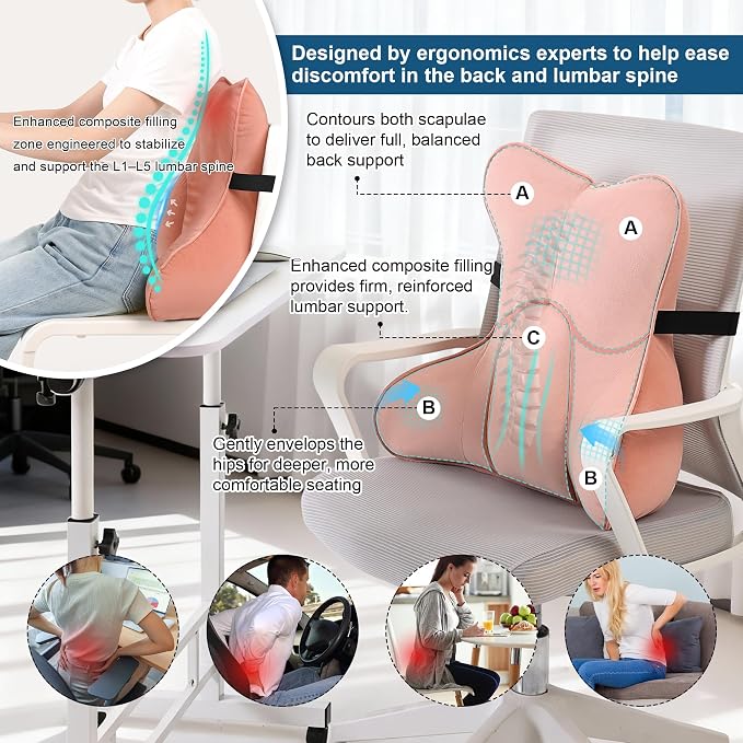 Lumbar Support Pillow (Pat. Pend) for Office Chair, Couch, Recliner & Car Seat, Ergonomic Back Support Cushion for Lower Back Pain Relief, Washable Lumbar Pillow, Blush Pink - Image 4