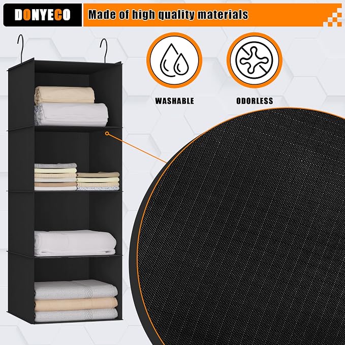 Hanging Closet Organizer 4-Shelf, Oxford Fabric Wardrobe Storage, Black | Easy-mount foldable design holds clothes, handbags, shoes & accessories; washable Oxford fabric, sturdy and space-saving. - Image 4