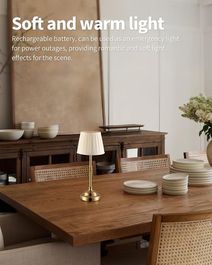 KDG Gold Cordless LED Table Lamps Set of 2, Beige Fabric Shade Desk Lamps | Portable 4000mAh Rechargeable Battery Powered, Dimmable Lighting for Dining Room, Bedroom, Bedside, Night Light, Balcony - Image 3