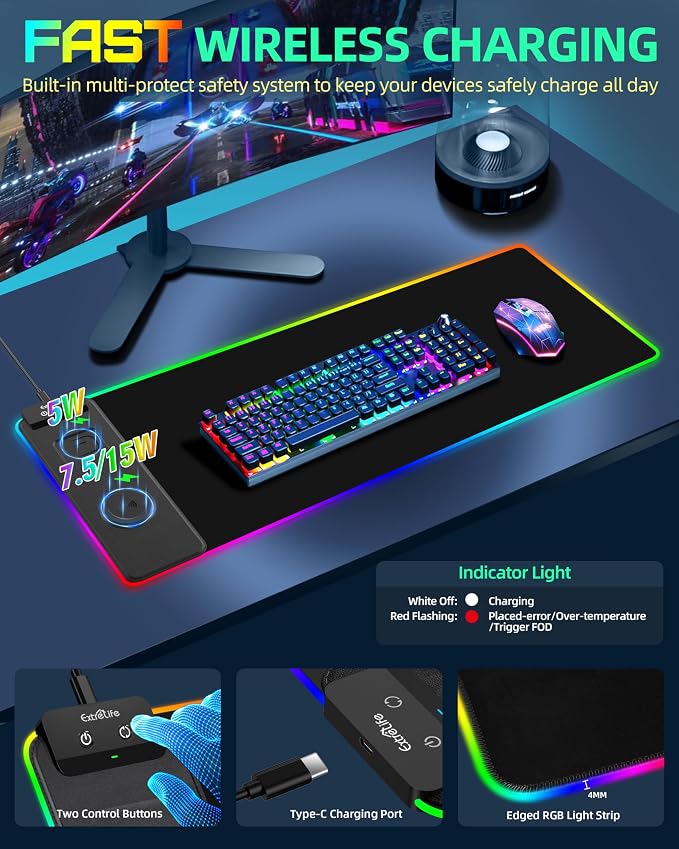Wireless Charging Mouse Pad, RGB Gaming Mousepad, 31.5"x11.8" | Extra Large LED Desk Mat, 13 Lighting Modes, Ultra-Smooth Surface, Non-Slip Base, Waterproof Computer Keyboard Pad, Black - Image 5
