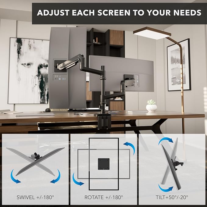 Mount-It! Proflex Series Stacking Dual Ultrawide Monitor Arm for 17–49” Screens, Height-Adjustable Pole, Heavy Duty Gas Spring, USB-C & USB 3.0, Full Motion, VESA 75/100, Clamp or Grommet | Height-adjustable pole with heavy-duty gas spring arms fits 17... - Image 8