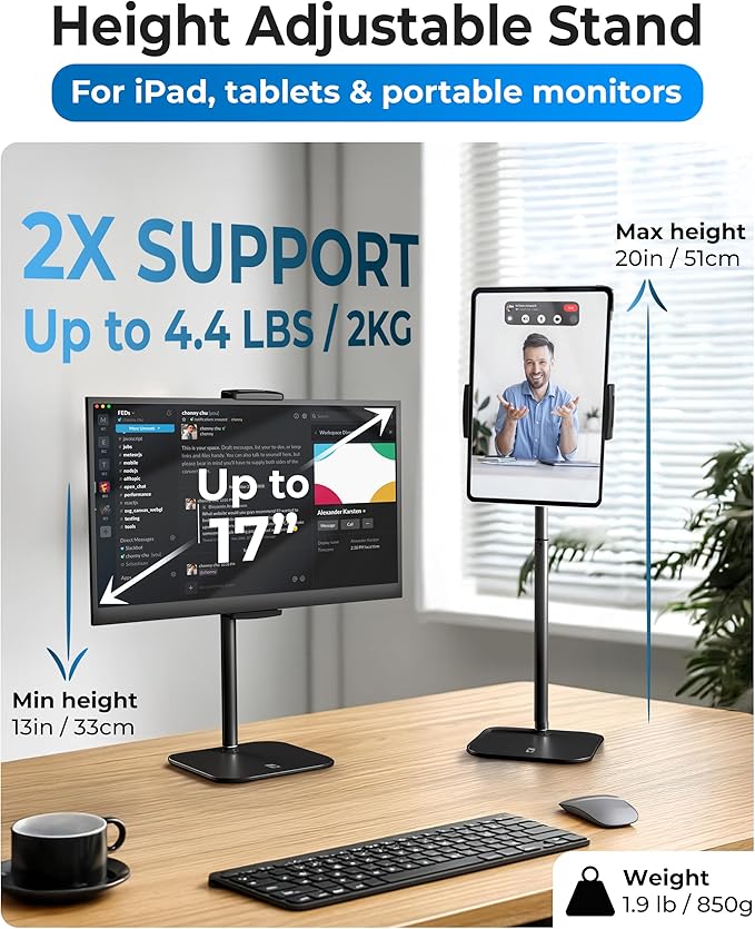 COOPER TabStand 20" Tall iPad Stand for Desk, Portable Monitor Stand Holder | 13-20" Adjustable, Holds 4.4lb, Weighted Metal Base, Desktop Tablet Stand, Tablet Mount, iPad Holder for Desk; fits Kindle - Image 2