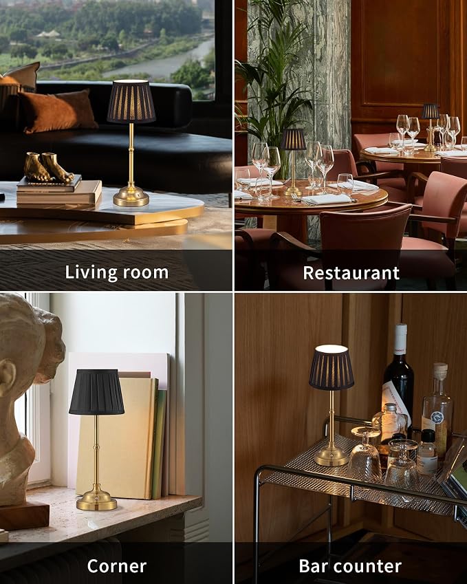 KDG Gold Cordless LED Table Lamps Set of 2, Black Fabric Shade Desk Lamps | Portable 4000mAh Rechargeable Battery Powered, Dimmable Lighting for Dining Room, Bedroom, Bedside, Night Light, Balcony - Image 6