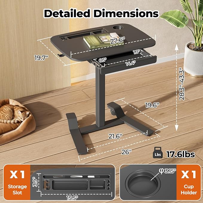 JOY worker Mobile Standing Desk Adjustable Height, Rolling Desk with Drawer | 28" Small Portable Laptop Workstation, Low Base & Moveable Wheels, Cable Storage Tray, Cup Holder, Black, Home Office Teacher - Image 2