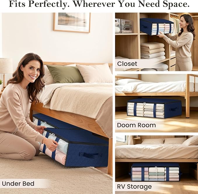 StorageRight Under Bed Storage Bags, 8 Pack, 40L, Blue | Breathable Non-Woven Fabric with a Clear Window and Zippered Top for Clothes, Comforters, Blankets and Seasonal Storage - Image 6