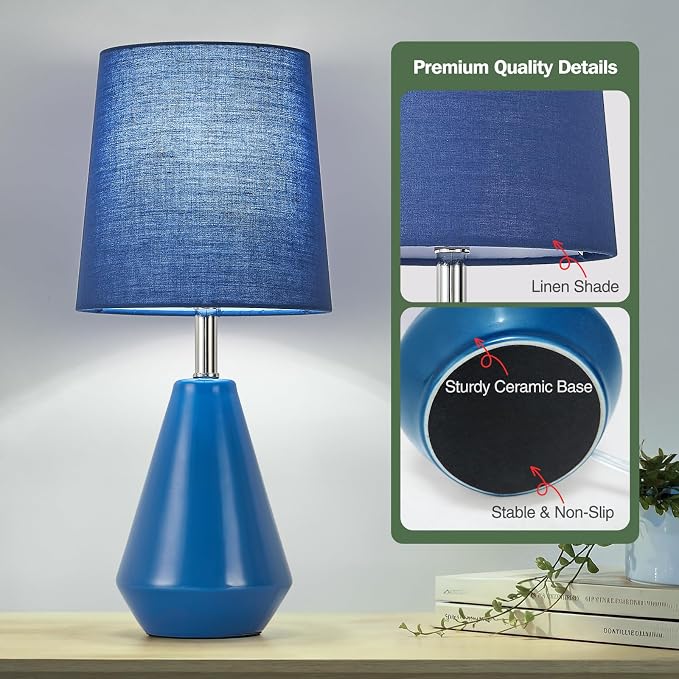 Small Bedside Table Lamp for Bedroom-Reading Desk Lamp Set of 2,with 3 Color Temperatures,15.5" Nightstand Ceramic Lamp with Fabric Shade for Kids Room,Living Room,Dorm,Home Office(Blue) - Image 5
