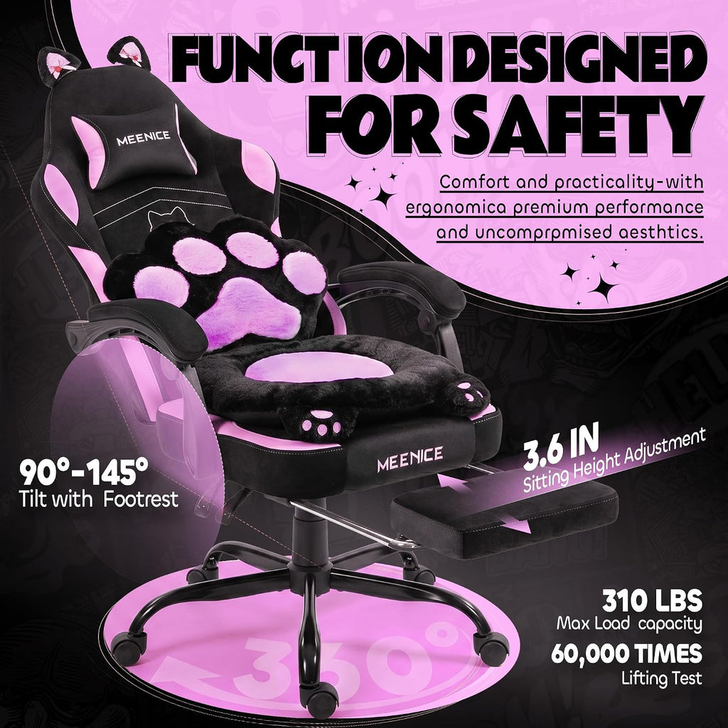 Pink Gaming Chair Cute with Cat Ears Paw Lumbar and Cushion,Ergonomic Computer Chair with Footrest,Reclining PC Game Chair for Girl Computer Chair 300lbs for Adult, Black and Purple - Image 6