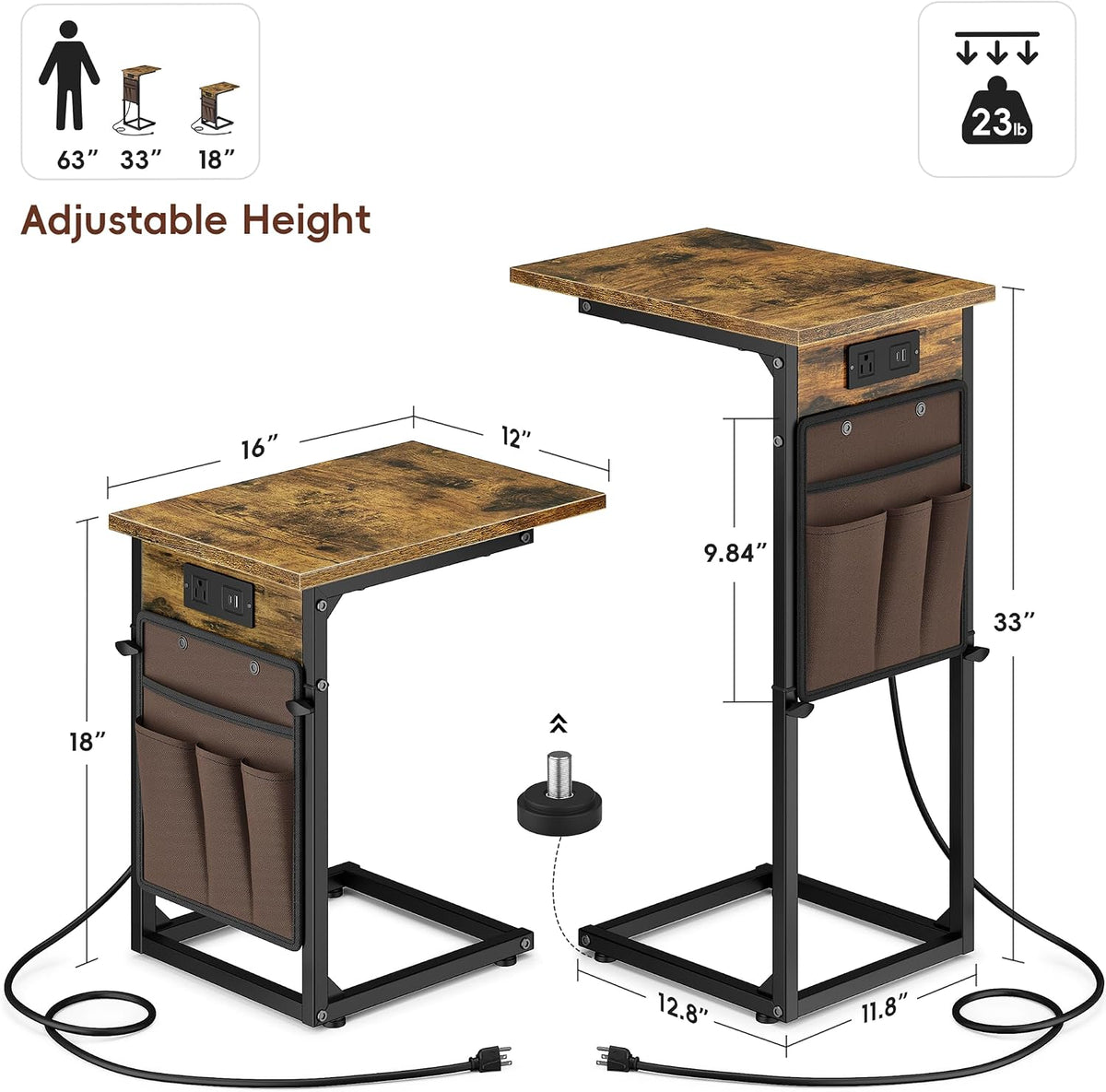 C Shaped End Table with Charging Station, Adjustable Height Side Table for Couch, Small Sofa Table with Storage Bag, Slide Under Sofa TV Tray Snack Arm Tables for Living Room, Bedroom, Brown - Image 3