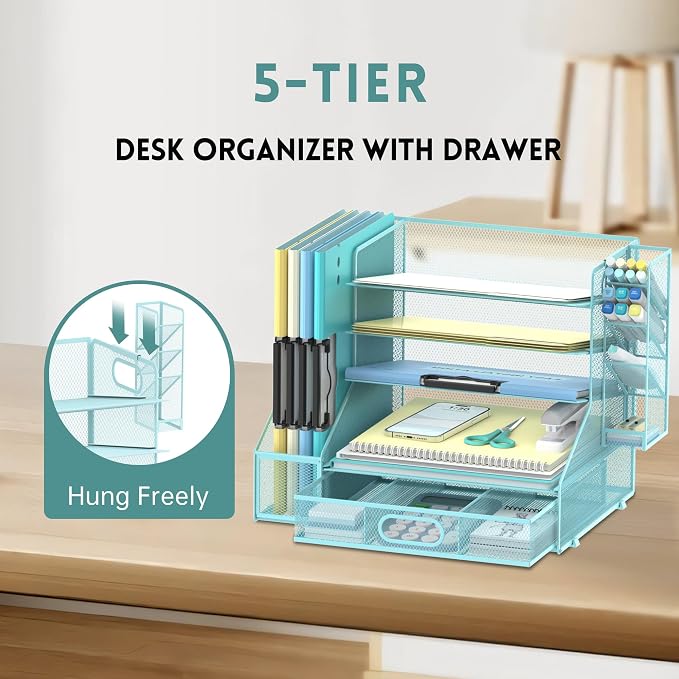 5-Tier Desk Organizer with File Holder & Pen Holder & Sliding Drawer, Blue | Mesh Metal Paper Letter Tray for Papers, Mail, Office Supplies, and Desk Accessories - Image 4
