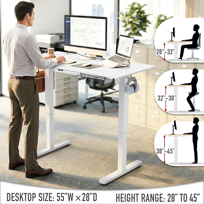 SHW 55 x 28 Electric Height Adjustable Standing Desk w/Drawer, White | w/ Memory Presets and Cable Management | Drawer with adjustable compartments | Hanging Hooks - Image 6