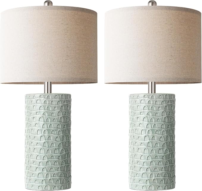 23" Modern Ceramic Table Lamp Set of 2, Table Lamps for Living Room, Rustic Farmhouse Bedside Lamps Nightstand lamp for Bedroom, Desk Lamp for End Table Home Decor Light Green - Image 2