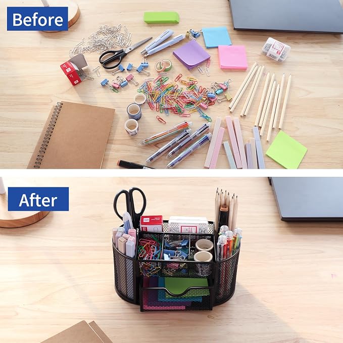 EOOUT Desk Organizer Black Mesh Pencil Holder 8 Compartments 1 Drawer | Black Desk Accessories, 8 Compartments, Pull-Out Drawer, for Pens Pencils Scissors Notes, School and Office Supplies - Image 5