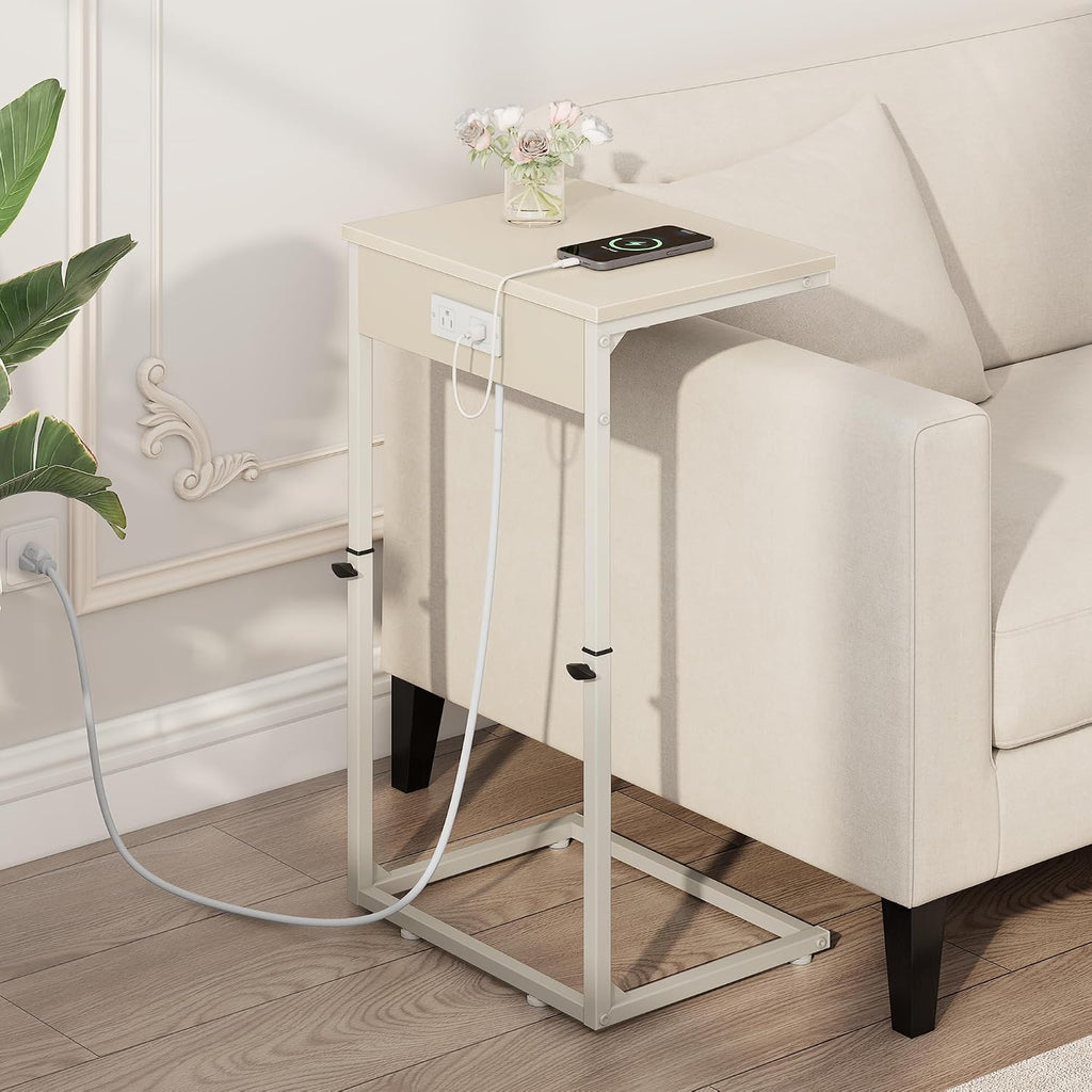 C Shaped End Table with Charging Station, Adjustable Height Side Table for Couch, Small Side Table, 33.2'' Tall Couch Tables that Slide Under, Tv Tray End Table for Living Room, Beige - Image 6