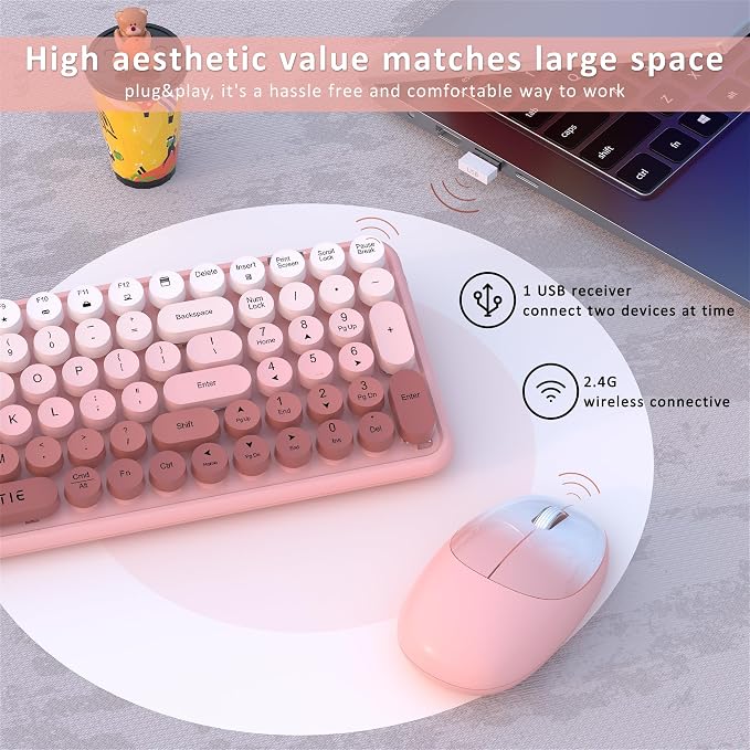 UBOTIE Wireless Keyboards and Mouse Combo (Peach Gradient) | Colorful Gradient Rainbow Color Retro Typewriter Flexible Keyboard, 2.4GHz Connection and Optical Mouse for PC Wins Mac - Image 5