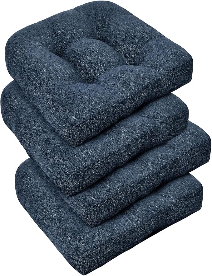 downluxe Chair Cushions for Dining Chairs 4 Pack, Tufted Indoor Chair Pads with Non-Slip Bottom, U-Shaped Kitchen Chair Cushions, 17"x17"x4", Navy by Downluxe