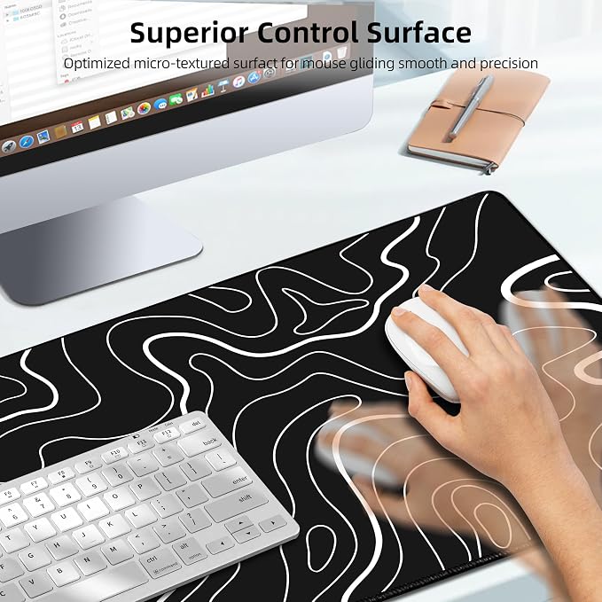Magnetic Wireless Charging Mouse Pad, 31.5"x15.8" XXL Desk Mat | Gaming Mousepad, Ultra-Smooth Surface, Non-Slip Rubber Base, Waterproof Computer Keyboard Pad, Black and Topographic Line - Image 3