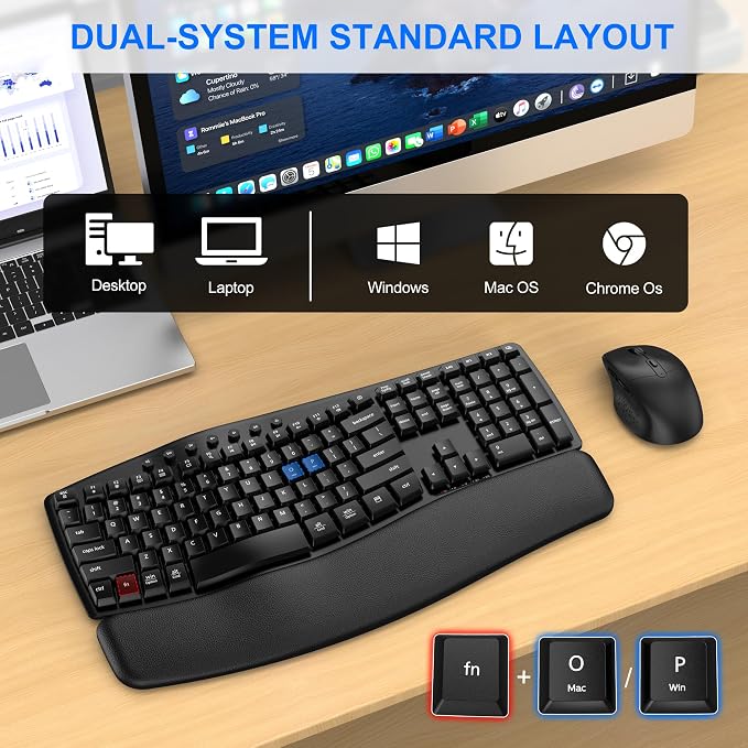 Ergonomic Wireless Keyboard Mouse Combo, EDJO Bluetooth/2.4G Dual-Mode Connection, Soft Foam Wrist Rest, Silent Typing, Waves Key Design and 3-Level DPI Adjustable Wireless Mouse for Windows, Mac OS - Image 7
