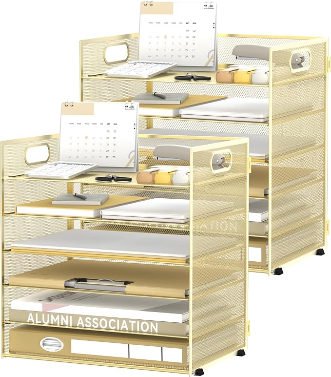Daltack 6-Tier Paper Organizer for Desk with Handle, Gold, 2 Pack | Sturdy Metal Mesh Organizer with Movable Middle Trays and a Carry Handle for Papers, Folders and Office Supplies by DALTACK
