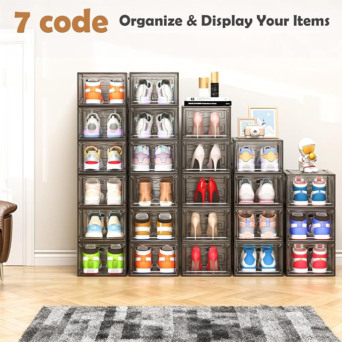 Large Thick Clear Shoe Organizer, Magnetic Door Stackable Shoe Storage Box | Foldable Shoe Storage Boxes for Sneakers & Boots, Space-Saving Closet Shoe Cabinet with Clear Magnetic Door, 9 Pack Black - Image 9