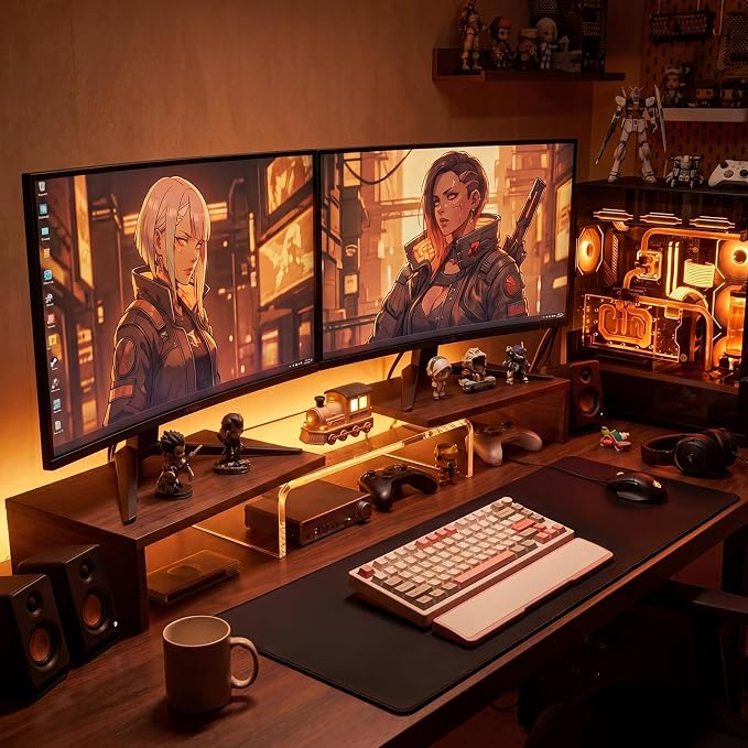 High-Clarity Dual Monitor Riser, Acrylic Monitor Riser, Adjustable Angle & Length Computer Monitor Stand, Wide Desk Shelf for Top of Desk for Home Office_Walnut Look Small - Image 8