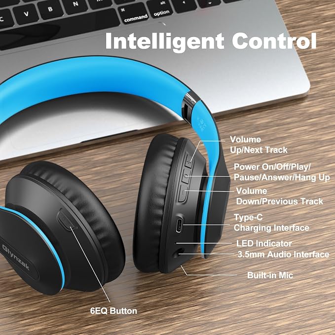 Wireless Bluetooth Headphones Over Ear V6.0 HiFi Stereo with Mic | 65H Playtime 6EQ Modes Foldable Bluetooth Headset with Microphone for Travel Smartphone Computer Laptop Blue - Image 7