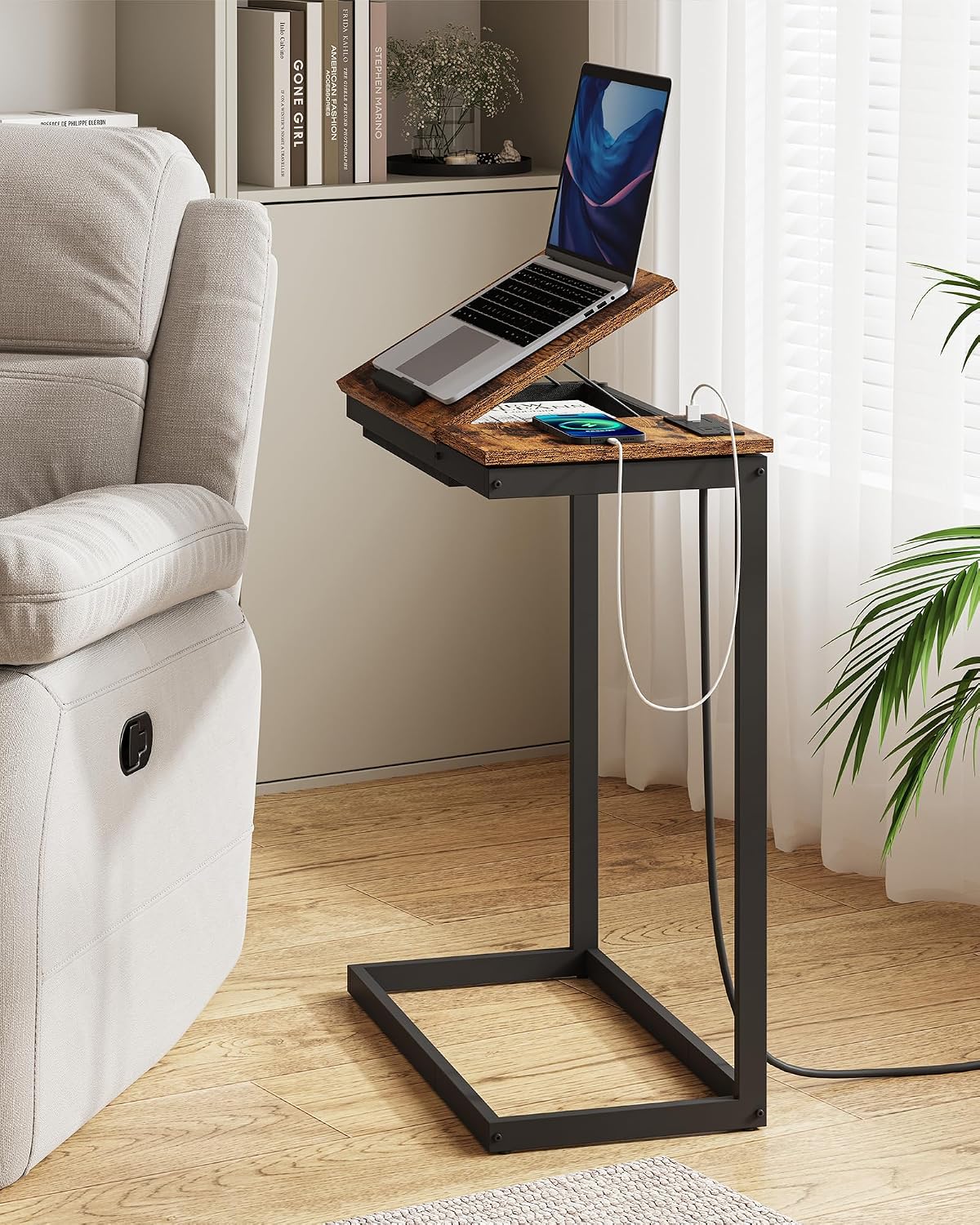 TUTOTAK Large C Shaped End Table, Side Table with Charging Station C Table - Image 4