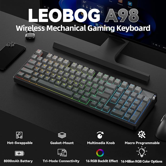 LEOBOG A98 Wireless Mechanical Keyboard, Tri-Mode BT5.0/2.4GHz/USB-C, Creamy Keyboard with Number Pad, Gasket Structure Hot Swappable, PBT Keycaps, RGB Backlit Black Gaming Keyboard with Knob for PC - Image 2