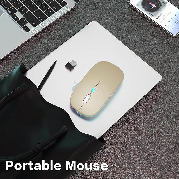 AIKOKOK Wireless Mouse, Bluetooth Mouse Rechargeable Dual Mode, Gold | BT 5.2 & 2.4G USB Receiver, 3 Adjustable DPI,LED Lights,Slim,Silent,Portable Computer Mouse for Laptop,PC,MacBook,iPad,Tablet - Image 5