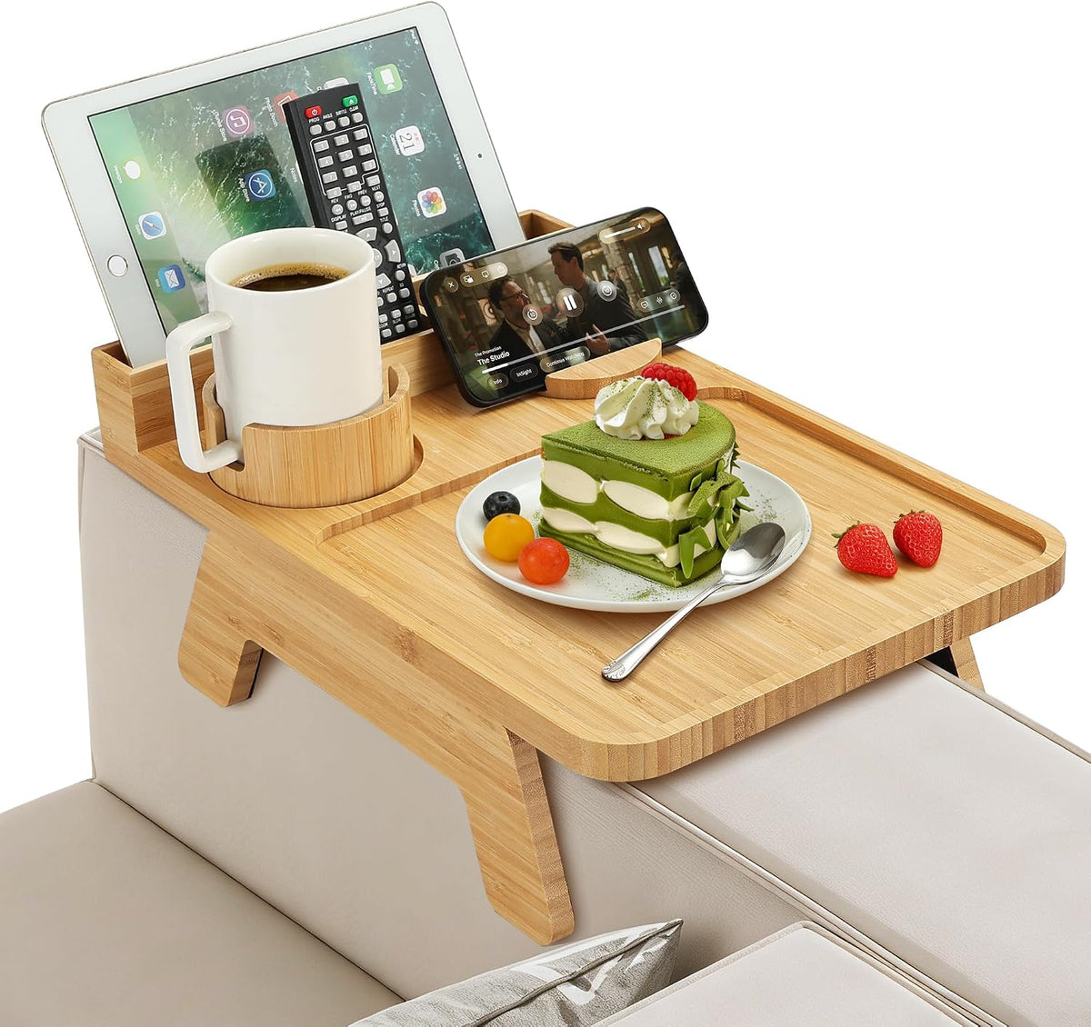 Couch Arm Tray with Cup Holder, Non-Slip(Natural Bamboo ) by STS SELECTED