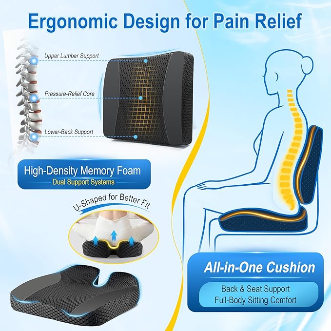 Lofty Aim Car Seat Cushion with Back Support, Lumbar Support Pillow Set | Memory Foam Car Seat Cushions for Driving, Office Chair Cushions for Back and Butt, Support for Trucks, Office Chairs, Black - Image 4