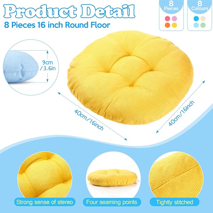 Fumete 8 Pcs Round Floor Cushions for Classroom Kids,Fresh Candy | 16 Inch Diameter, Students Flexible Seating Pillows, Home Daycare School Reading Yoga Meditation, Soft Cushioned - Image 2