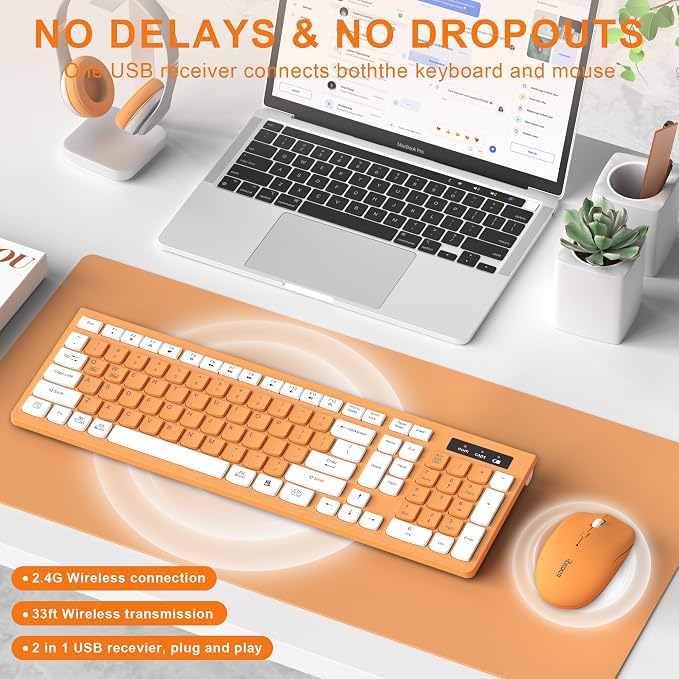 Quiet Wireless Keyboard and Mouse Combo for Office and Home (Orange-A) | Silent 2.4G Full Size Cordless Keyboard with Tilt Legs,3-Level DPI Quiet Mouse,for Windows,Mac OS/Desktop/Laptop/PC - Image 2