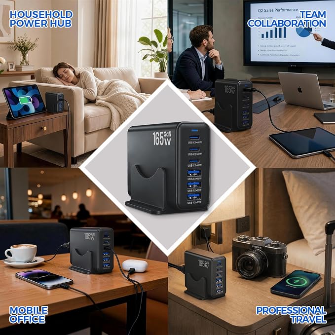 165W GaN Charging Station, 6-Port USB C & USB A Charger, Black | 165W GaN, 6-Port USB Charging Station, 3x40W USB-C + 3x15W USB-A, ABS+PC, Charge 6 Devices, Home Office Travel - Image 4