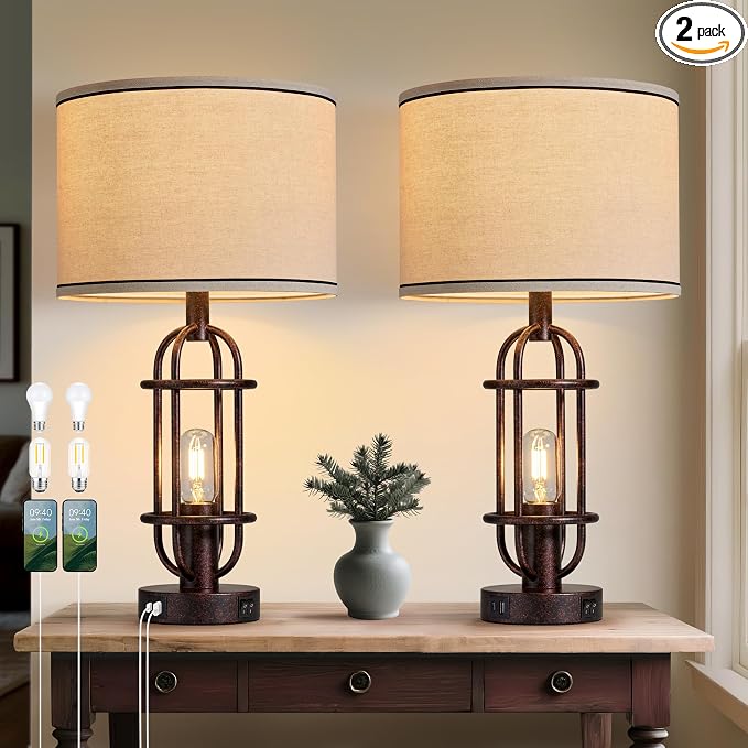 Reaketon 22.3" Table Lamps for Living Room Set of 2, Farmhouse Lamps for Nightstand, Vintage Table Lamps for Bedroom with USB Ports, Bulbs Included by Reaketon