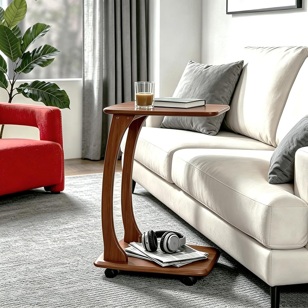 Solid Wood C Shaped End Table with Wheels,Walnut Color(13.7"W) by MLRDWLS