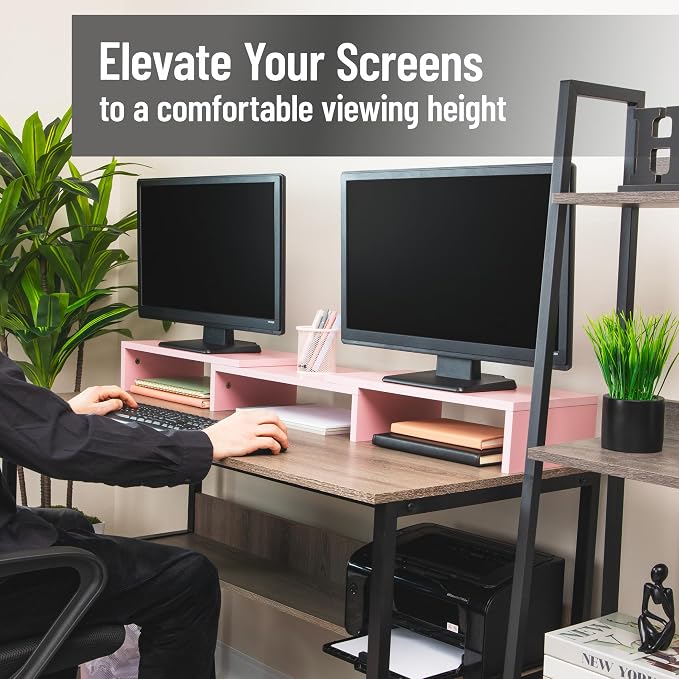 Mind Reader Dual Monitor Stand, Desktop Organizer, Laptop Riser, Office, MDF, 51.25"L x 9.25"W x 4.75"H, Pink - Image 2