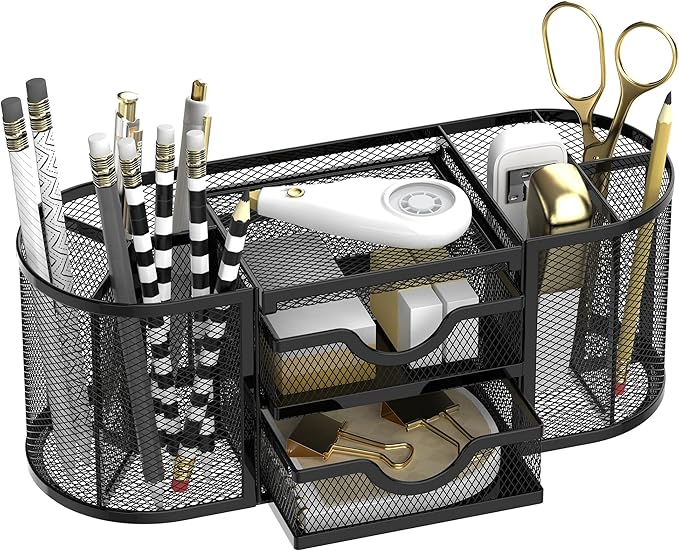 Mesh Desk Organizer, Pen Holder for Desk with 2 Drawers, Black | Desk Organizers and Accessories with 8 Compartments and 2 Drawers for Pens, Pencils, Scissors, Tape and Small Office Supplies by SUPEASY