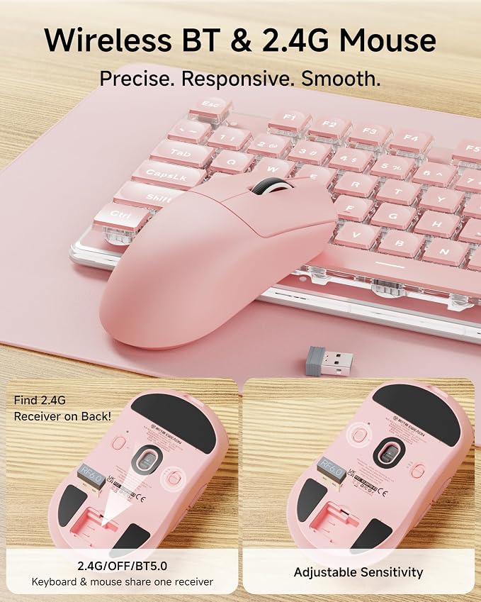 V3 Wireless Keyboard and Mouse Combo, Bluetooth/2.4G Rechargeable Light up Quiet Computer Wireless Keyboard and Mouse with White Backlit, Metal Panel-Pink - Image 5