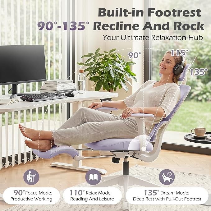 Ergonomic Office Chair with Footrest and Dynamic Lumbar Support, Purple | Reclining high-back computer chair, memory foam seat, 2D armrests, 2D headrest, mesh desk chair for home office, long hours - Image 5