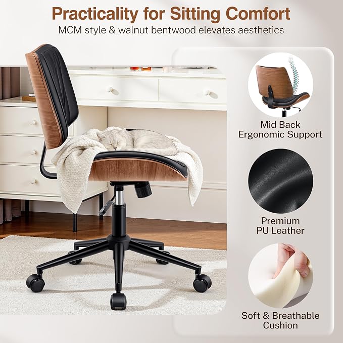 Ergonomic Armless Office Desk Chair - Mid-Century Modern Black Faux Leather with Diamond Stitch, Adjustable Height Swivel Rolling Task Computer Chair with Walnut Accent for Home Office, Study & Work - Image 3