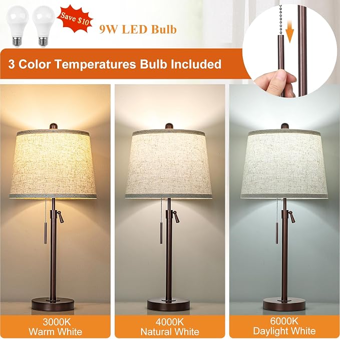 Table Lamps Set of 2, 22" to 30"Adjustable Height Bedside Lamps for Living Room 3 Color Temperatures Tall Nightstand Lamps Modern Brown Table Lamp for Bedroom Office End Table (Bulbs Included) - Image 3