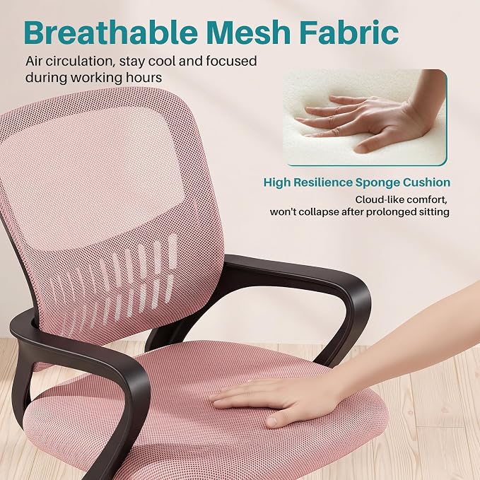 OLIXIS Ergonomic Office Desk Chair, Mid-Back Executive Computer Chair | Fixed Armrest, Rocking Mode, Height Adjustable, 360° Rolling Swivel Adults, Student, Pink - Image 6