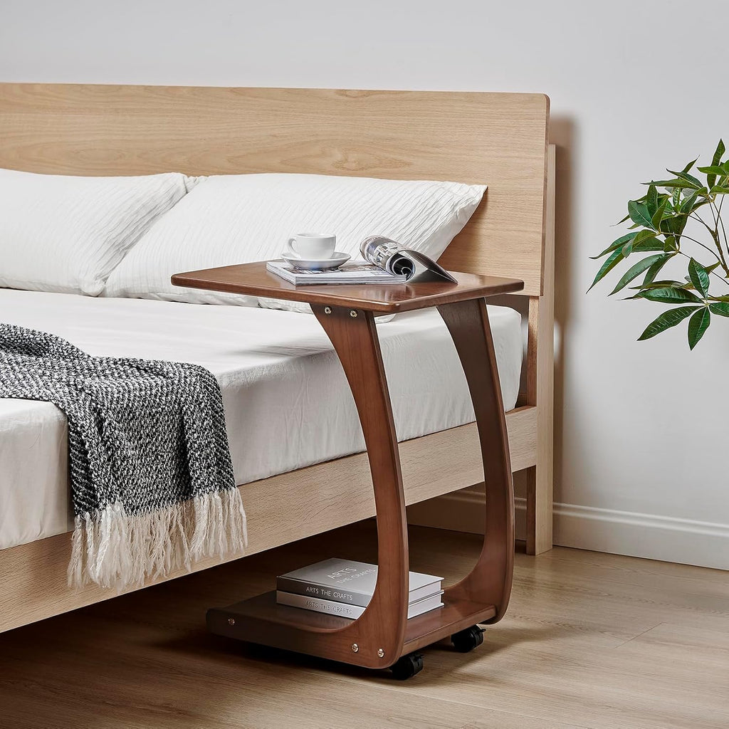 Solid Wood C Shaped End Table with Wheels,Walnut Color(15.7" W) - Image 8