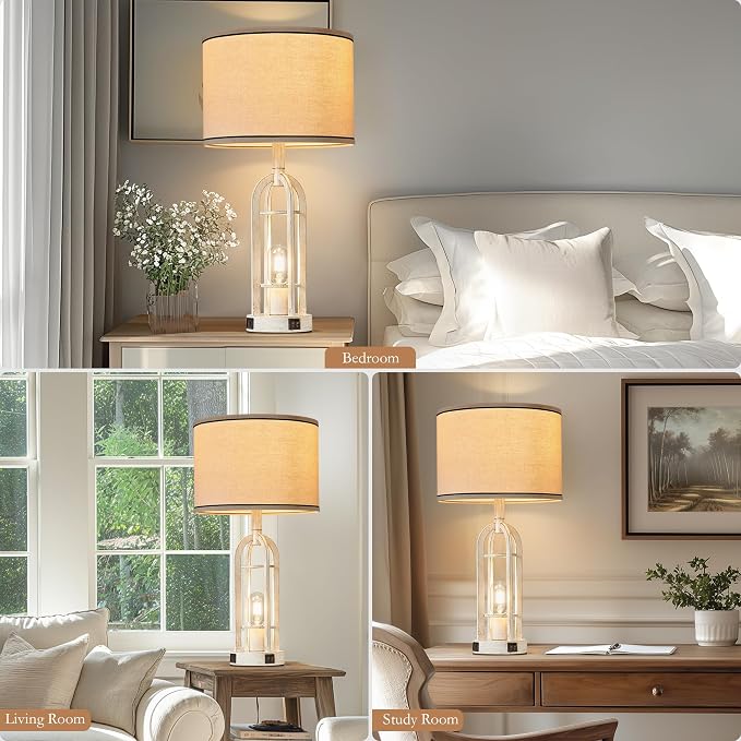 SRJJA Farmhouse Table Lamps for Living Room Set of 2 - Rustic Industrial Lamps for Night Stands with Night Light & USB A+C, 24" Vintage Bedside Lamp for Bedroom, Bulbs Included - Image 4
