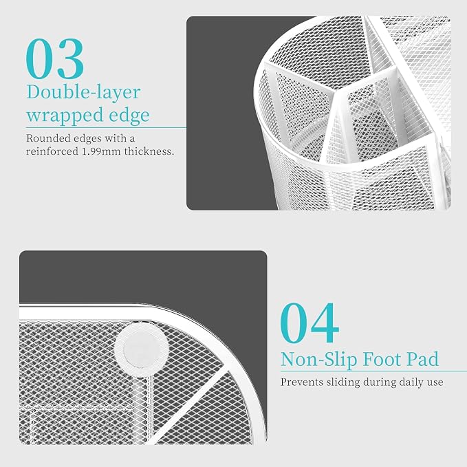 Mesh Desk Organizer, Pen Holder for Desk with 2 Drawers, White | Desk Organizers and Accessories with 8 Compartments and 2 Drawers, Pencil Holder for Desk for Small Office Supplies - Image 6