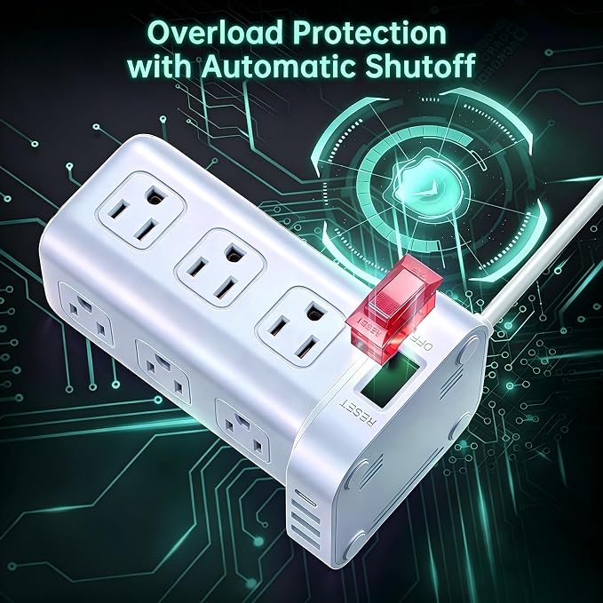 Power Strip with 12 Outlets 4 USB (1 USB C), 6.5Feet Extension Cord with Multiple Outlets, Charging Station, Blue Power Strip Tower, Home Office Desk Supplies - Image 7