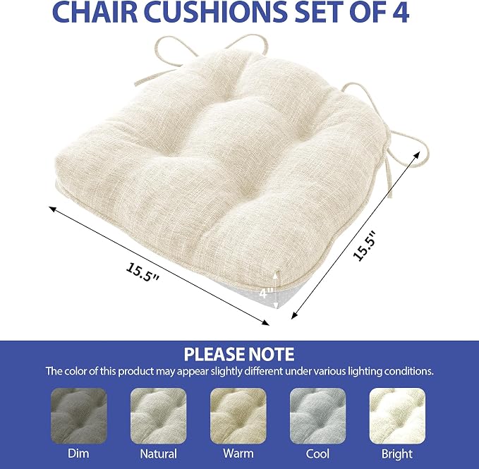 IPYNBAP Chair Cushions Set of 4, 4" Outdoor & Indoor Seat Cushions with Ties, Non Slip, Memory Foam Chair Pads for Dining, Kitchen, Office, Patio Furnitures, 15.5" x 15.5", Beige - Image 2