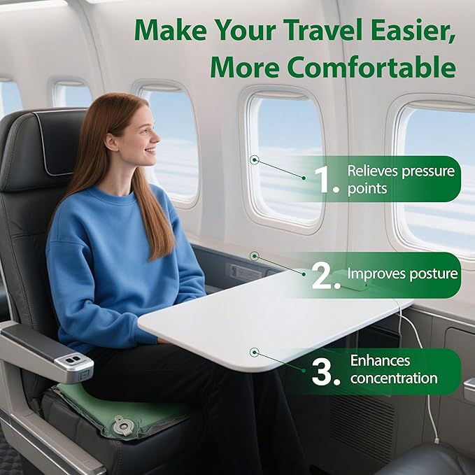 Inflatable Travel Seat Cushion – Self-Inflating Memory Foam Pad for Airplane, Stadium Bleachers, Camping, Hiking & Backpacking – Ultralight Compact & Portable Sitting Cushion (Green) - Image 3