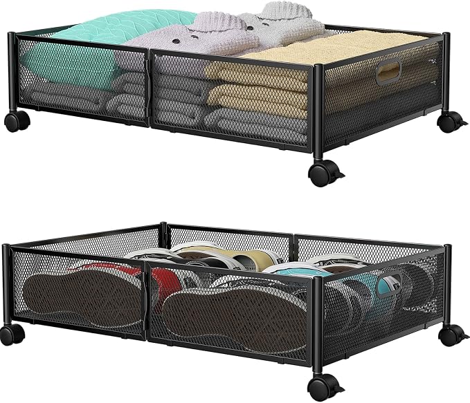 PHINOX Under Bed Storage with Wheels & Handle,Sturdy Metal,2 Pack,Black | Tool-free assembly, glide smoothly, easy reach, foldable, maxmazie low-profile beds, dorm, keep seasonal clothes, shoes fresh by PHINOX