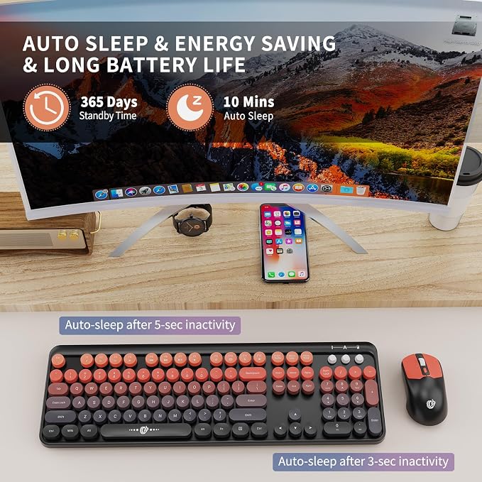 Wireless Keyboard and Mouse Combo, 104 Round Keys Cute Colorful Keyboard and Mouse with Retro Typewriter for PC/Mac/Laptop/Tablet/Computer/Windows Black Red - Image 5